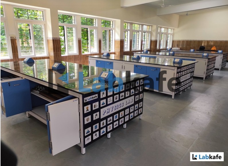 physics lab apparatus can be kept in base cabinets with folding doors by Labkafe