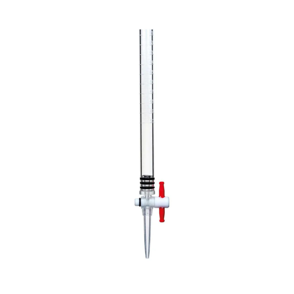 Glass chemistry lab burette with graduation marks and a stopcock used for dispensing precise volumes of liquid reagents in titration experiments.